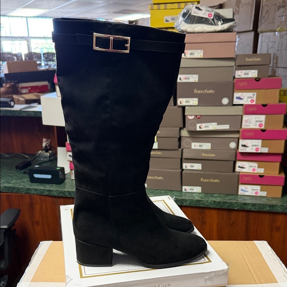 Charter Club Black Over-the-Knee Suede-Look Boots with Gold Buckle